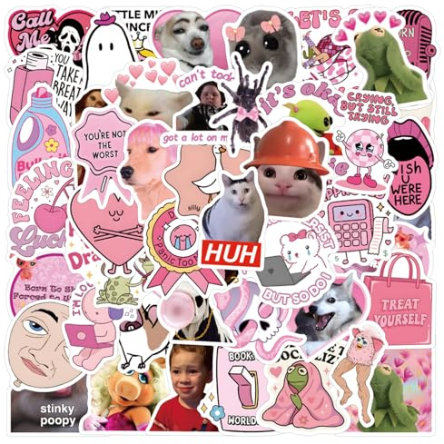 105 Pcs Funny Pink Stickers,Cute Laptop Stickers,Waterproof Stickers for Kids Adults,Cat Anime Meme Sticker,for Scrapbook,Skateboard,Water Bottle,Guitar,Luggage,Gift for Girls Teens