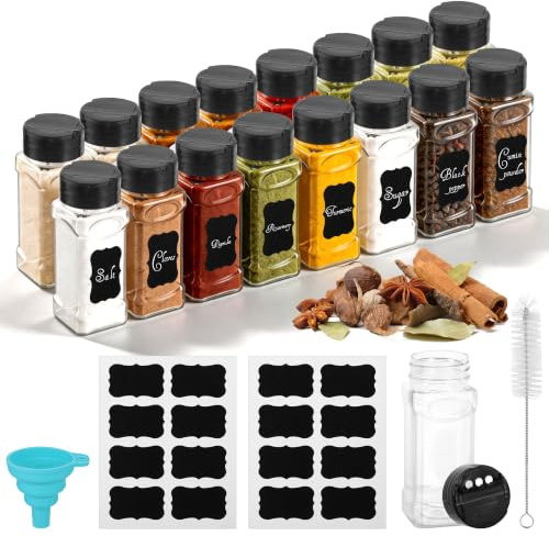 Hahorpa 16PCS Plastic Spice Jars with Dual-Function Lids and Labels, 120ML | Waterproof Blank Labels, Safe & Airtight Seasoning Jars, Spices Storage Container Shaker for Kitchen Rack, Drawer, Organiser