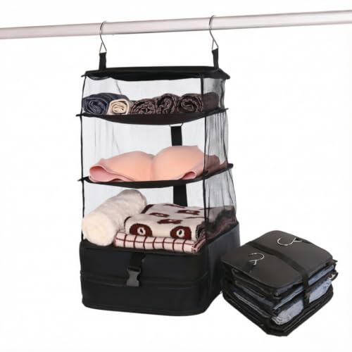 SINJAETRQ Hanging Wardrobe Organiser and Packing Cubes for Suitcases - Black Polyester Portable Wardrobe for Travel, Hotel Stays, and Easy Luggage Storage