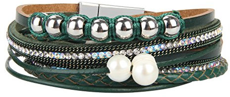 JOYMIAO Frauen Leder Wickelarmband Handmade geflochtene Manschette Armreif gewebt Geschenk Schmuck mit Magnetverschluss (Grün)