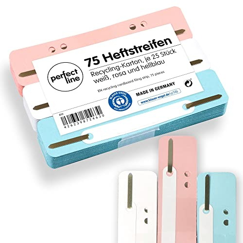 perfect line - 75 Heftstreifen Pappe, recycling Karton, 250 g/m², 3 Farben (Weiß, Rosa, Hellblau), Made in Germany, Heftlaschen Blauer Engel zertifiziert