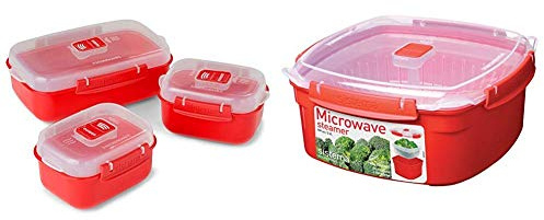 Sistema 2703 Confezione 3 Contenitori Polipropilene Microwave, Rosso & Vaporiera grande da microonde 3,2 L, 23.9 x 23.9 x 10.9 cm