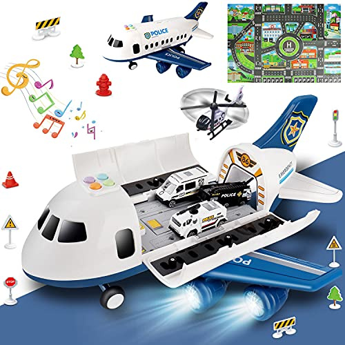 Dwi Dowellin Toddler Toys Car for Boys:Boy Toy Transport Cargo Airplane|Kid Toys 20 in 1 Carrier Vehicle Police Toys for Kids Age 2-4 3-5 4-7 Year Old Boys Girls