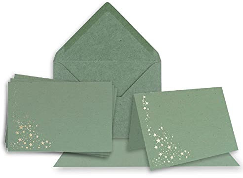 NEUSER PAPIER Faltkarten-Set mit Umschlägen DIN A6 - Kraftpapier Eukalyptus mit goldenen Metallic Sternen - 10 Sets - für Drucker geeignet Ideal für Weihnachtskarten