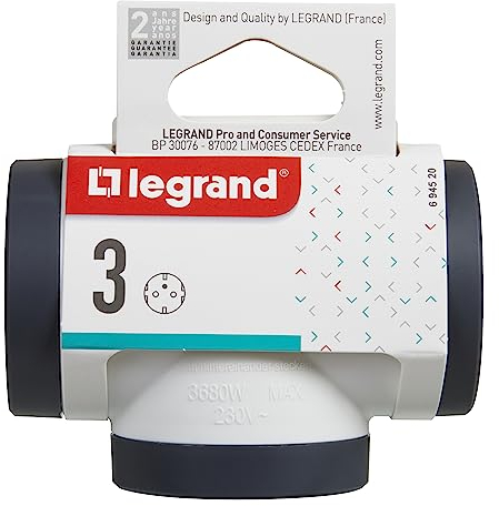 Bticino Legrand LG-694520 Multi Adattatore Presa Tripla, 3 Prese Schuko Standard Tedesco, Spina Grande 16A, Presa multipla su 3 Lati, Salvaspazio, Finitura Opaca, Colore Bianco e Grigio