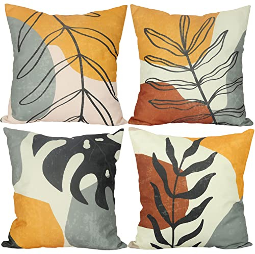 Aoihrraan Fundas de Cojín Pack de 4, 46x46cm Hoja Simple Moderna Lanzar Cubiertas Decorativo Cuadrado Almohada Caso, Lino Lanzar Fundas De Almohada con Cremallera Invisible por Sofá Coche Dormitorio