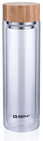 Alpina Trinkflasche aus Glas mit Filter - Wasserflasche Doppelwandig 450 ml - Trinkflasche Bambuskappe und -Deckel - Teeflasche mit Teefilter