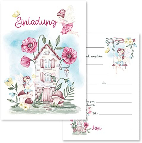E&G Klasse 10x Kinder Einladungskarten Einladung Kindergeburtstag Mädchen Fee Feen Geburtstag blau beige rosa Pastell Aquarell 10x15 cm Party Kinder 1 2 3 4 5 6 7 8 9 10 11 12 13 Fairy Fairytale