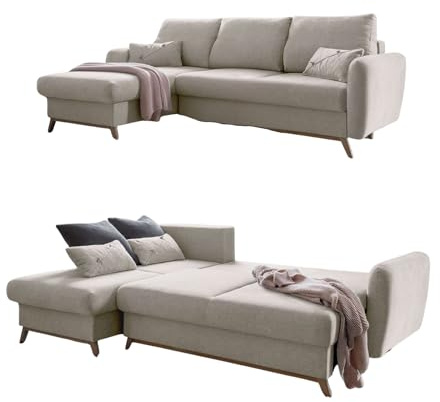MIUFORM Scandic Lagom S mit Bettkasten | 4 Sitzer Ecksofa | L-Form Links | 235 x 157 x 90cm Couch | Klappsofa mit Schlaffunktion | Schlafsofa klappbar (Beige) | Sofa mit Schlaffunktion, Schlafsofa mit Bettkasten, Ecksofa L-Form mit Chaiselongue, 235 x 157 x 90 cm Couch, L Sofa Bed