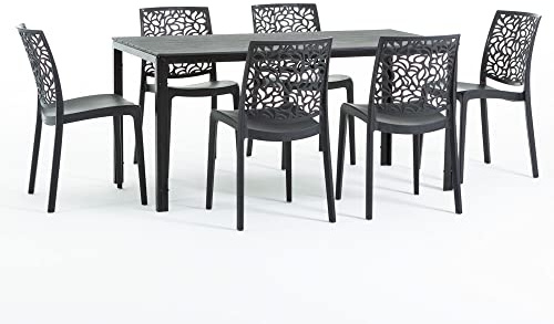 Set pranzo da giardino o esterno Antracite per 6 persone, tavolo in acciaio verniciato con doghe in polietilene effetto legno, 6 sedie in polipropilene con fibra di vetro - Thomas e Anna