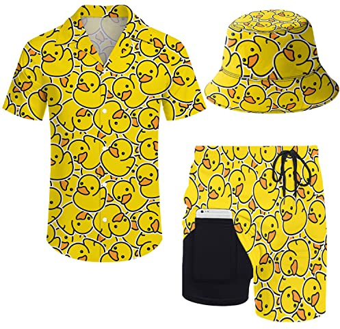 ZePinger Camicia e pantaloncini da uomo giallo anatra set bottoni camicia pantaloncini 2 pezzi tuta con cappello a secchiello, Anatra gialla., Large