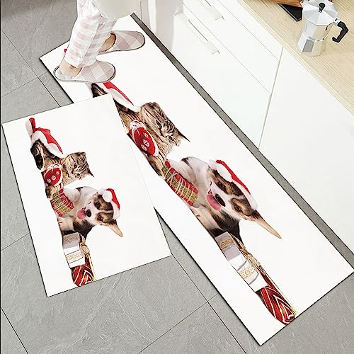 Küchenläufer Küchenmatte 2 Stück 45x70cm+45x120cm,Weihnachten, Hund und Katze in Santa Hüte mit Überraschungsboxen und K,Rutschfest Pflegeleicht, Anti-Müdigkeit Küchenteppich Teppich Läufer für Küche