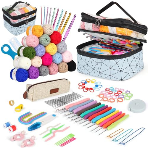 Aeeque 112 Stück Häkelset, Häkelset Anfänger mit Tasche, Metal Häkelnadeln Set mit Zubehör, 20 Wolle hekeln-set für Babysachen, Schals, Puppen, Mützen, Bunt Häkelnadel Ergonomich für Arthritis