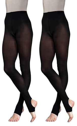 2 Paar Steigbügel-Jazz-Tanzstrumpfhosen mit mattem Finish, 60 Denier, leistungsbereit, Multipack für Mädchen, Kinder, Erwachsene, Damen in Schwarz und Hellbraun, Schwarz , 38