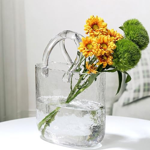 Blanketswarm Tütenvase aus Glas für Blumen, Mundgeblasene Klare Vase mit Blasen Darin, Tütenglasvase mit Griffen, Niedliche Blumenvasen aus Klarem Glas für Blumenarrangements,(Transparent)