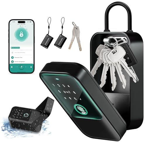 Moquin Smart Lock Box für Hausschlüssel, Fingerabdruck Lockbox Bluetooth Schlüsselbox mit 5 Entsperrmöglichkeiten Fingerabdruck, App-Steuerung, Zugangskarte, Passcodes, Manueller Schlüssel für Airbnb