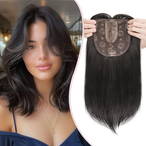 S-noilite Hair Toppers für Frauen,Toupet Toppers Haarverlängerung Haarteile Perücken mit Fransen,Haartopper Basis 15x15cm, Clip in Synthetischen Haarteile, Glatt 35cm 120g Dunkelbraun