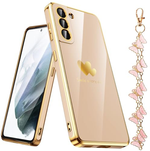 Nonional for Samsung Galaxy S21 5G Case with Phone Lanyard Wrist Strap [Butterfly Shape], Luxury Double Heart Pattern Plating Gold Edge Slim Soft Phone Cover Case for Galaxy S21 - Pink