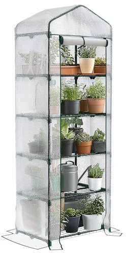 VOUNOT® 5 Tier Mini Greenhouse Outdoor with Shelves, Portable Plastic Garden Greenhouse for Plants, Seedlings and Herbs, Small Growhouse for Patio Balcony, White, 69x49x193cm