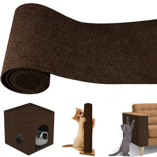 200cmx40cm Selbstklebend Kratzteppich Katze Wand, Hillylolly Kratzmatte Katzen Zum Kleben, mit Lustiger Katzenball, Climbing Cat Scratcher Wall, Kratzmatte Katze Wand (Dunkelbraun)