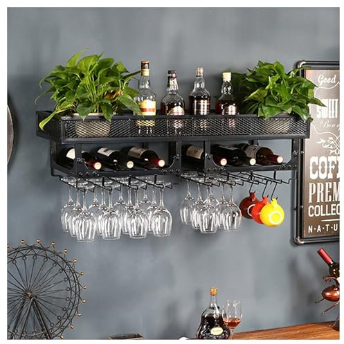Wall Mounted Metal Wine Rack with Hanging Wine Glass Rack Kitchen Bar Shelves for Liquor Bottles and Glassware Display Mini Bar Cabinet Storage Organizer for Dining Room and Bar Decor