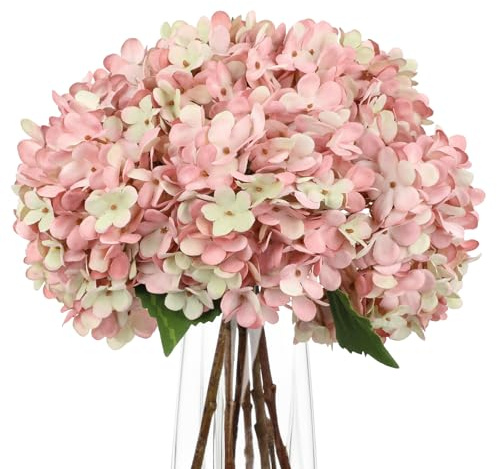 Arborus 6 hortensias artificiales de seda realistas de 35 cm con pétalos degradados y hojas verdes, tallos de hortensias artificiales rosas para jarrón, boda, ramos de bricolaje, decoración del hogar