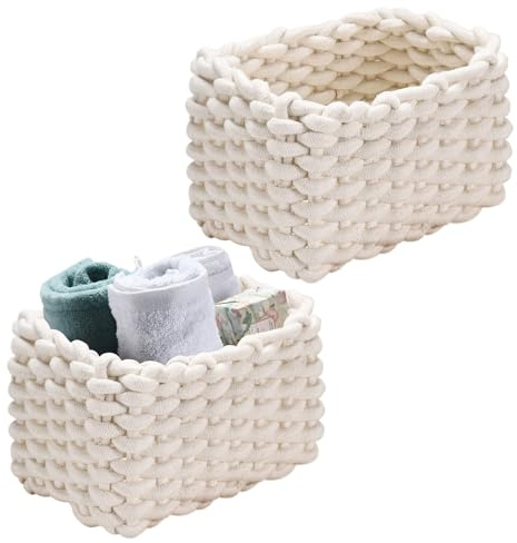 Cesta de almacenamiento, 2 cestas de punto de algodón trenzado, 19 x 15 x 12 cm, cesta pequeña, organizador para cambiador, para calcetines, toallas, llaves, joyas (blanco)