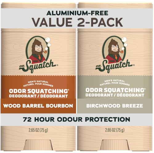 Dr. Squatch Natural Men’s Deodorant – Aluminium Free Natural Deodorant For Men with Charcoal & Postbiotics for 72-Hour Odor Protection – Wood Barrel Bourbon & Birchwood Breeze, 75g Stick (2-pack)