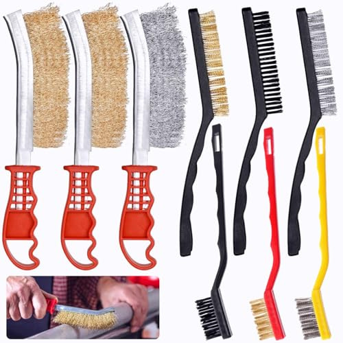 Sinofort 9Pcs Wire Brush Set For Rust Removal,Cleaning Brush Tool | Stainless Steel Carbon Brass Nylon Scrubbing Brushes for Wood, Metal, Masonry, Paint & Grime Removal