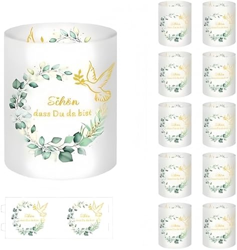 20 Stück Windlichter Tischdeko, Lichthülle, Schön DASS du da bist-Design mit transparenter Lichthülle, Eukalyptus Hochzeitsdeko Tisch, Perlenhochzeit, Hochzeitstag Just Married Deko