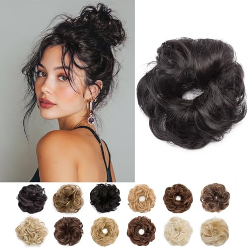 SEGO Pro Faux Messy Hair Bun Scrunchie Hair Piece for Women, Synthetic Curly Bun Wig Hairpiece Updo Ponytail Extension, 25g 5 Inch (#1B Natural Black)