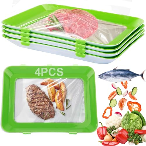 RIZENCE 4PCS Storage Trays, 12''x9'' Stackable Food Storage Trays with Lid, Reusable Food Tray with Buckle, Containers for Vegetable Fruit Meat Fish Long-lasting Freshness