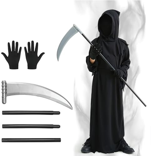 Fancysky Kids Grim Reaper Costume Boys Halloween Costume with Red Light Up Glasses and Sickle Grim Reaper Death Costume for Kids