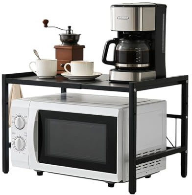 Brstheco Support pour Micro Onde, Étagère Extensible pour Micro-Ondes,Organisateur de Cuisine À Deux Niveaux Économiseur d'Espace, Facile à Installer Compatible avec Micro-Ondes, Hornos(Noir)