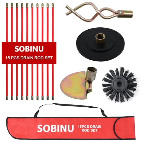 Sobinu 30ft (9m) Drain Rod Set Kit – 15PCS Professional Heavy Duty Drain Cleaning Rods with Plunger, Worm Screw, Scraper & Brush, Pipe & Gutter Unblocking Tool with Carry Bag