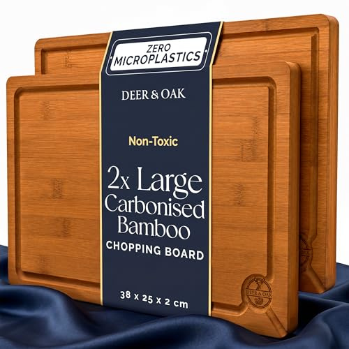 Deer & Oak Large Carbonised Bamboo Chopping Boards 38x25cm (2 Pack) | 2cm Thick · Pre-oiled · for Carving Meat, Fish, Vegetables, Fruit, Cheese and Bread