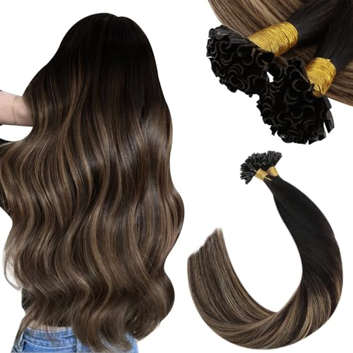 Ugeat Extensions Echthaar Bondings 45cm Schwarz Balayage Seidig Haarverlängerung Bonding Extensions Echthaar Ombre Keratin Bondings Braun Blond 50g 50s für Reisen 1B/4/27