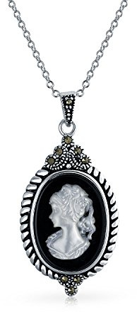 Bling Jewelry Vintage Stil Schwarz Mutter Der Perle Schale Weiß Geschnitzt Viktorianischen Lady Portrait Kamee Anhänger Halskette Für Frauen Marcasite Frame Oxidiert .925 Sterlingsilber