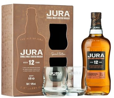 JURA - 12 Ans Coffret Whisky + 2 Verres - Whisky Single Malt - Notes de Chocolat Noir & D'Agrumes - Origine : Écosse/Jura - 40% Alcool - 70 cl