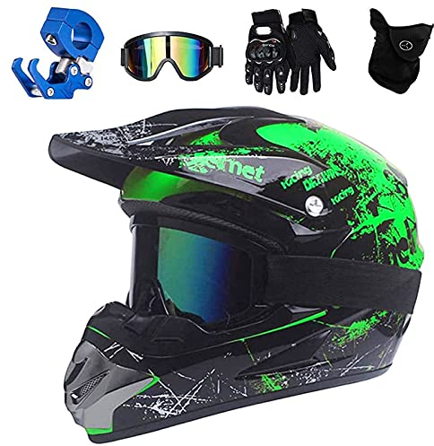 VOMI Enduro Crosshelm Grün, All Terrain Motocross Downhill Helm Zubehör mit Brille Maske Handschuhe Helmhaken Full Face MTB Herren Helm für Mountainbike Moped Bergbuggy Sport Sicherheit,S(52~53CM)