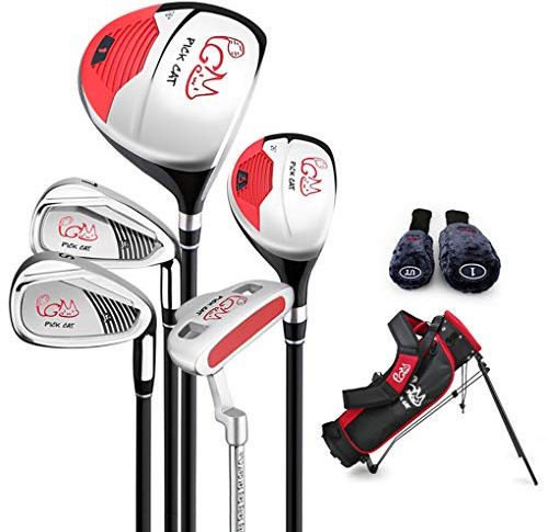 PGM 5 Golfschläger mit Standtasche und 2 Schlägerhauben für Jungen & Mädchen, rechte Hand, Schwarz
