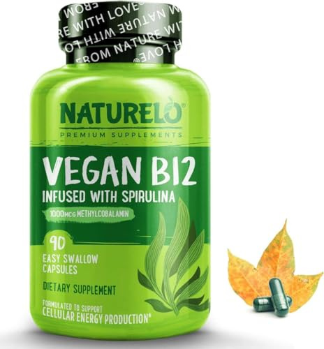 NATURELO Vegan B12 with Spirulina - High Potency 1000mcg Bio-Available Methylcobalamin - Best Support for a Plant-Based Diet or Deficiency - 90 Mini Capsules | 3 Month Supply