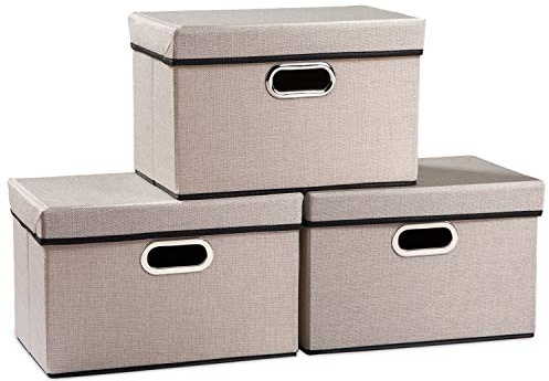 PRANDOM Vikbar förvaringsfack med lock [3-pack] linne tyg dekorativ förvaringsbox organiseringsbehållare korg kub med handtagsavdelare för garderob kontor vardagsrum ljusgrå (14,9 x 9,8 x 9,8 x 9,8)