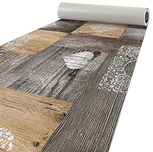 ANRO Küchenteppich Läufer Küchenläufer Teppichläufer Bodenläufer Holz Braun Herz Liebe Abwaschbar 200x50cm