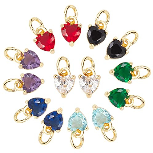 PandaHall 14pcs Zirkonia Anhänger 7 Farben Liebe Herz Charms Kleiner 18K Vergoldeter Anhänger Mit Sprungring Für Ohrring Armband Halskette Halsband Schmuck Zubehör DIY Geschenk Machen, 8x5mm