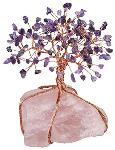 LIJUCAI Natürliche Rosenquarz-Cluster-Basis-Kristall-Geldbaum-Bonsai-Figur für Wohlstandsglück, Amethyst