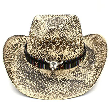 QBQZXAOSOWH Fedora Trilby Stroh Damen Herren Western Cowboyhut Handarbeit Weave Lady Dad Sombrero Sun Cowgirl Jazz Caps Punk Belt Band Size 56-58Cm C7Cam