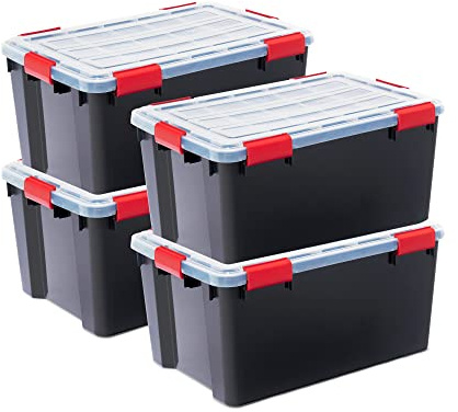 Iris Ohyama, Boite Rangement Hermétique, 50L, Lot de 4, Noir, Couvercle avec Joint Etanche, 6 Clips de Fermeture, Empilable, pour Exterieur, Garage, Vetement, Anti Poussiere, Sans BPA, DDAT-L