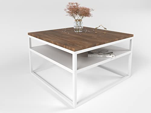 lukmebel Couchtisch Nova mit Regal Modern für Loft-Räume Pulverbeschichteter Edelstahl 16mm Tischplatte 68,5x68,5x48cm Ergonomisch Bequem Weiß/Eiche Stirling