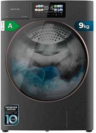 Cecotec Lavadora 9Kg Carga Frontal Autodosis Bolero DressCode 9950 Autodose Inverter 3D Steel A. 1400 Rpm, Diseño Core Matrix Screen, Puerta XXL, Luz Interior